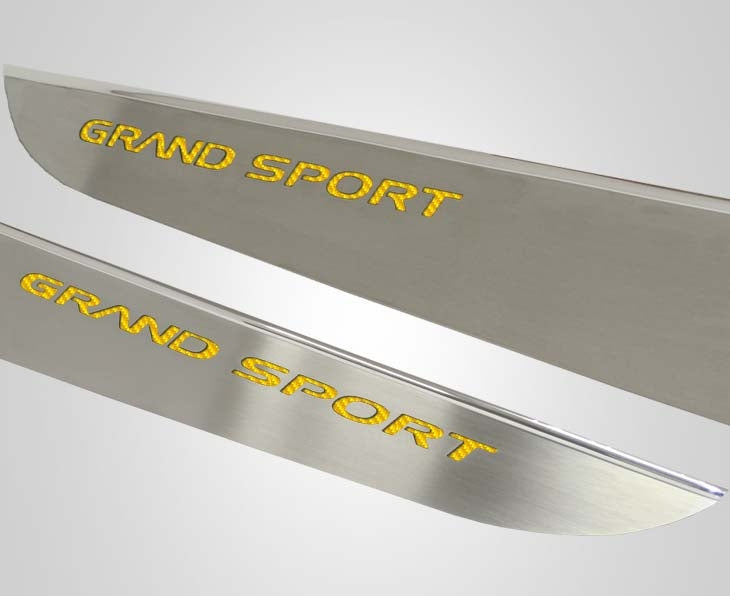 Light Gray 2010-2013 C6 Corvette - Door Guards with Grand Sport Inlay 2Pc - Brushed Stainless