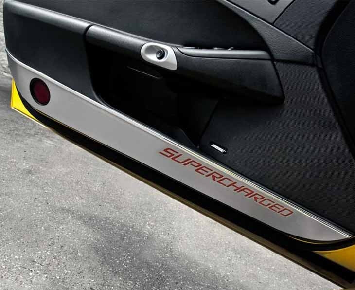 Gray 2005-2013 C6 Corvette - Door Guards with SUPERCHARGED Inlay 2Pc - Brushed Stainless