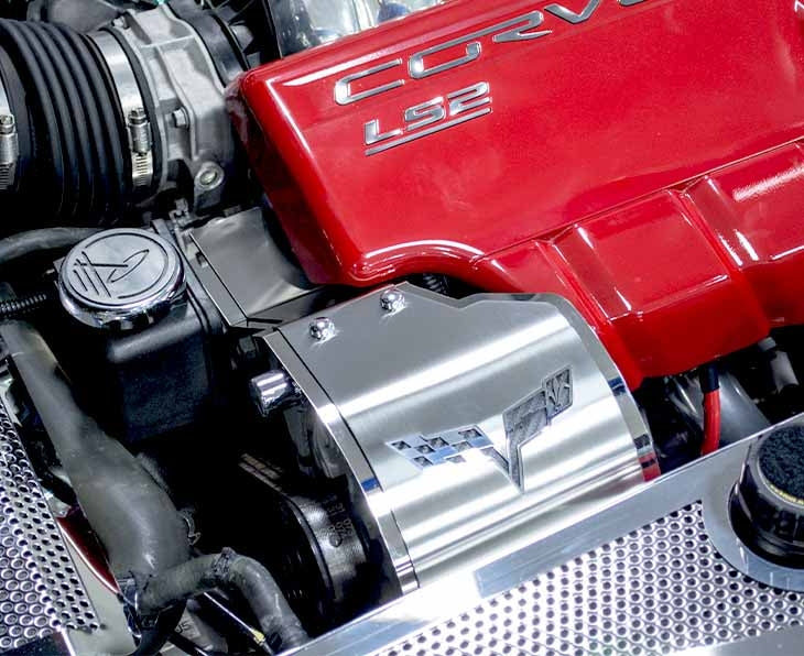 Dim Gray 2005-2013 C6 Corvette - Deluxe Alternator Cover w/Crossed Flags Emblem - Stainless Steel