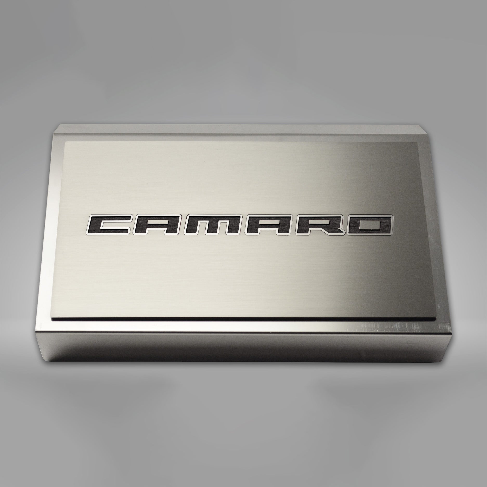 Dark Gray 2016-2021 Camaro - Fuse Box Cover Polished w/Brushed CAMARO Top Plate