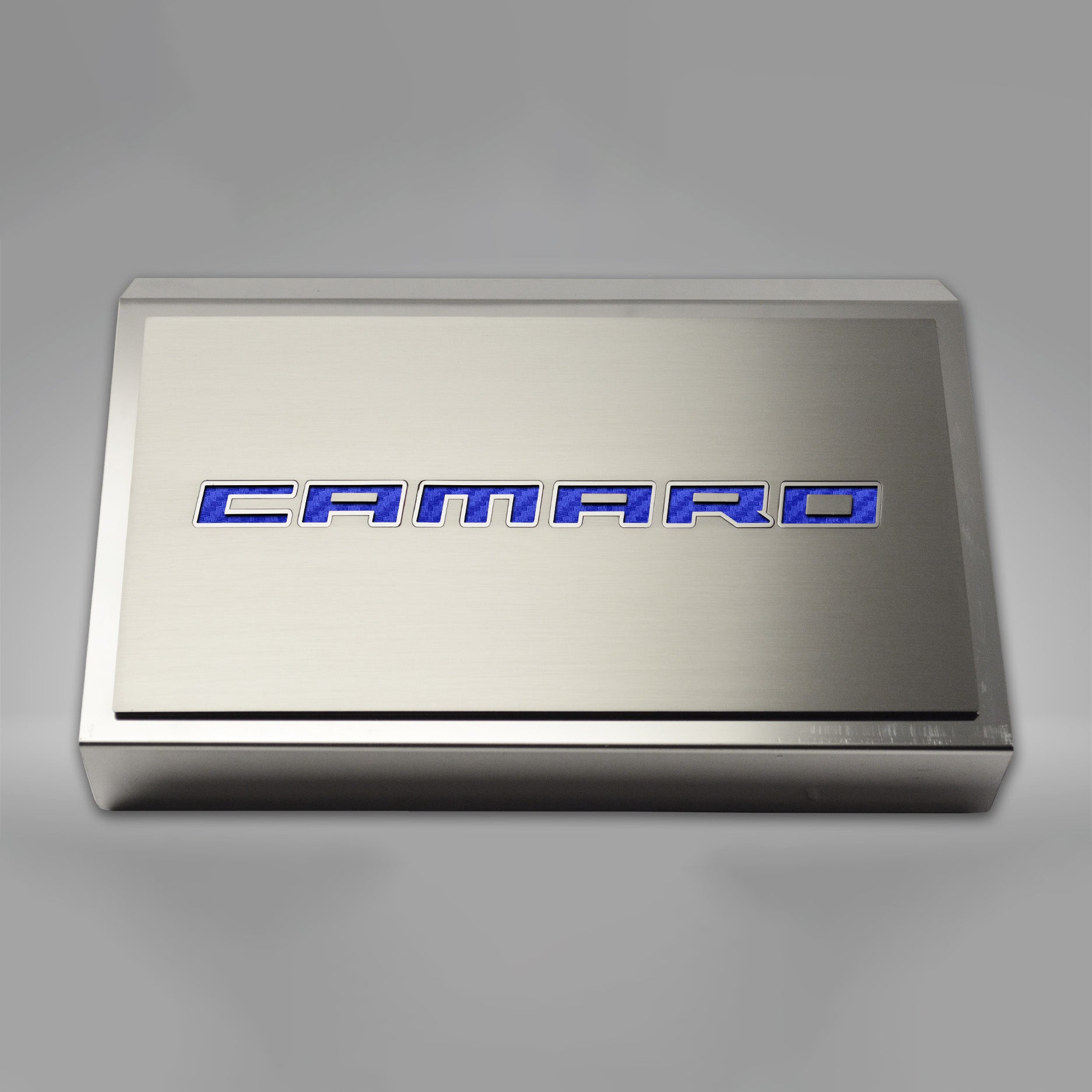 Dark Gray 2016-2021 Camaro - Fuse Box Cover Polished w/Brushed CAMARO Top Plate