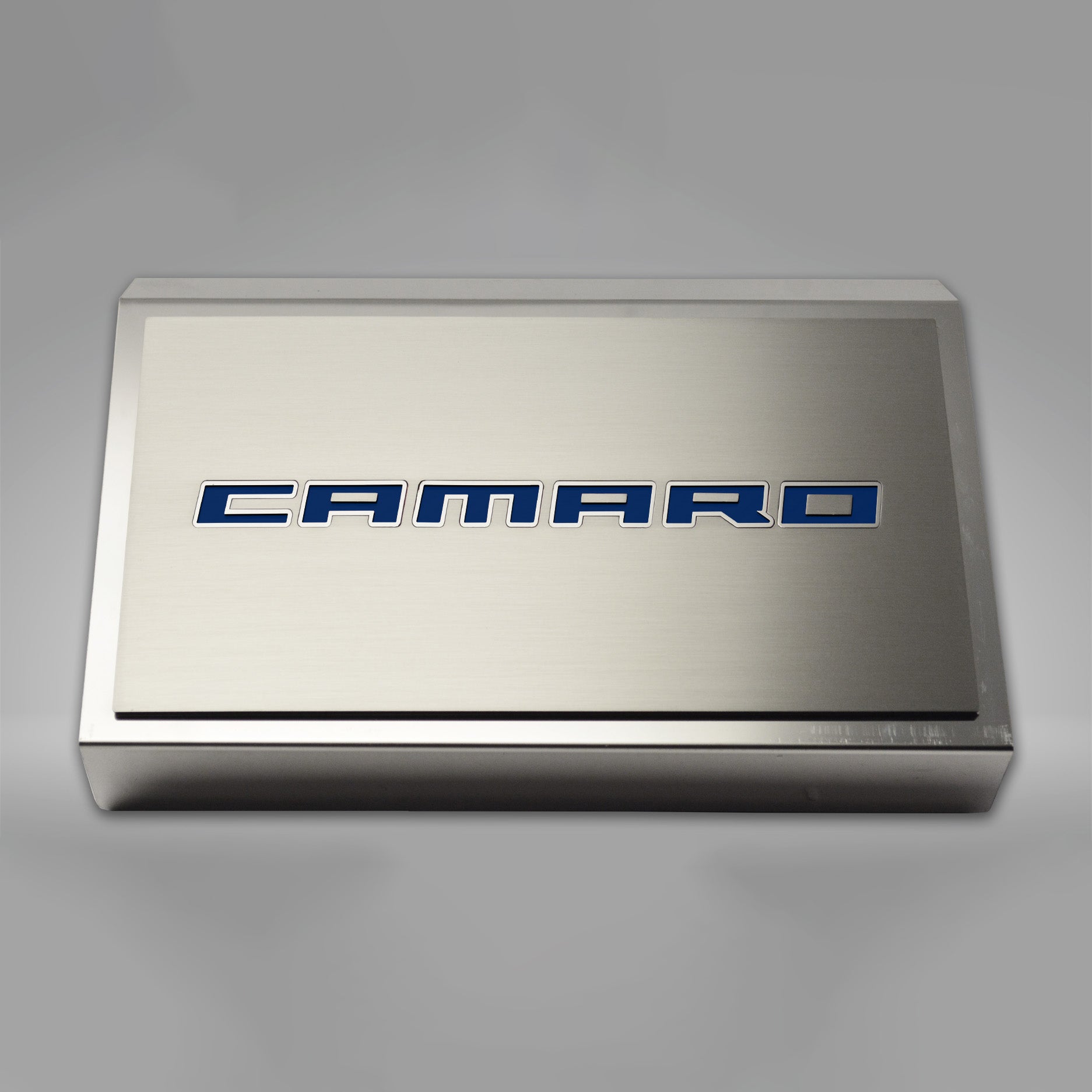 Dark Gray 2016-2021 Camaro - Fuse Box Cover Polished w/Brushed CAMARO Top Plate