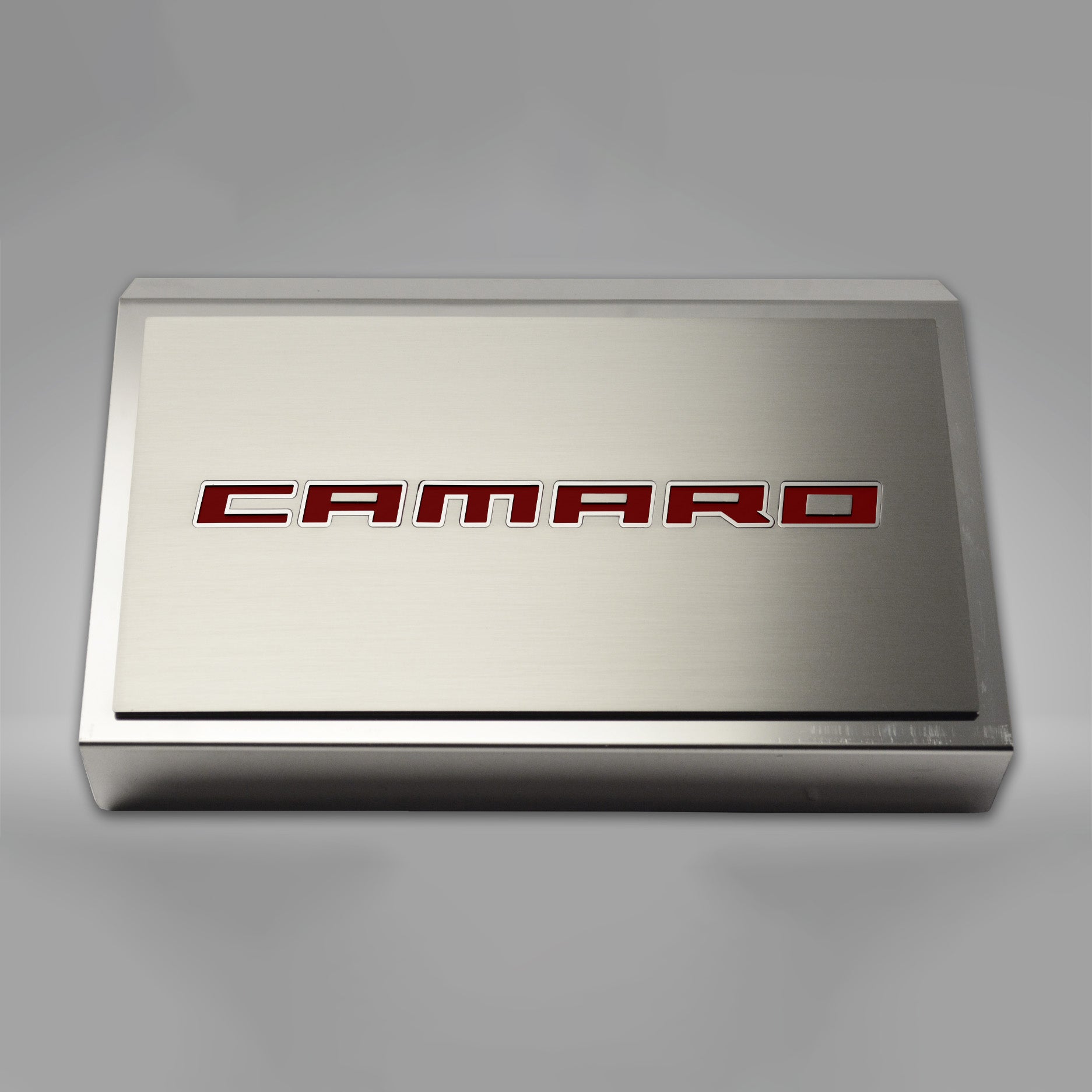 Dark Gray 2016-2021 Camaro - Fuse Box Cover Polished w/Brushed CAMARO Top Plate