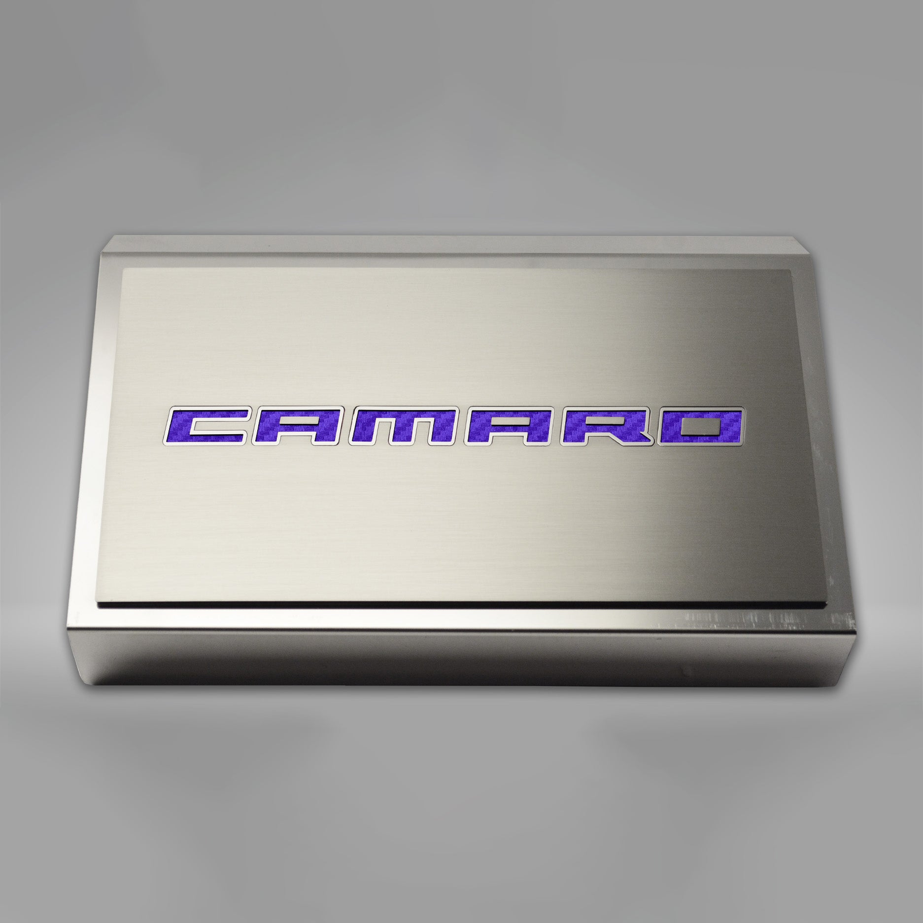 Dark Gray 2016-2021 Camaro - Fuse Box Cover Polished w/Brushed CAMARO Top Plate