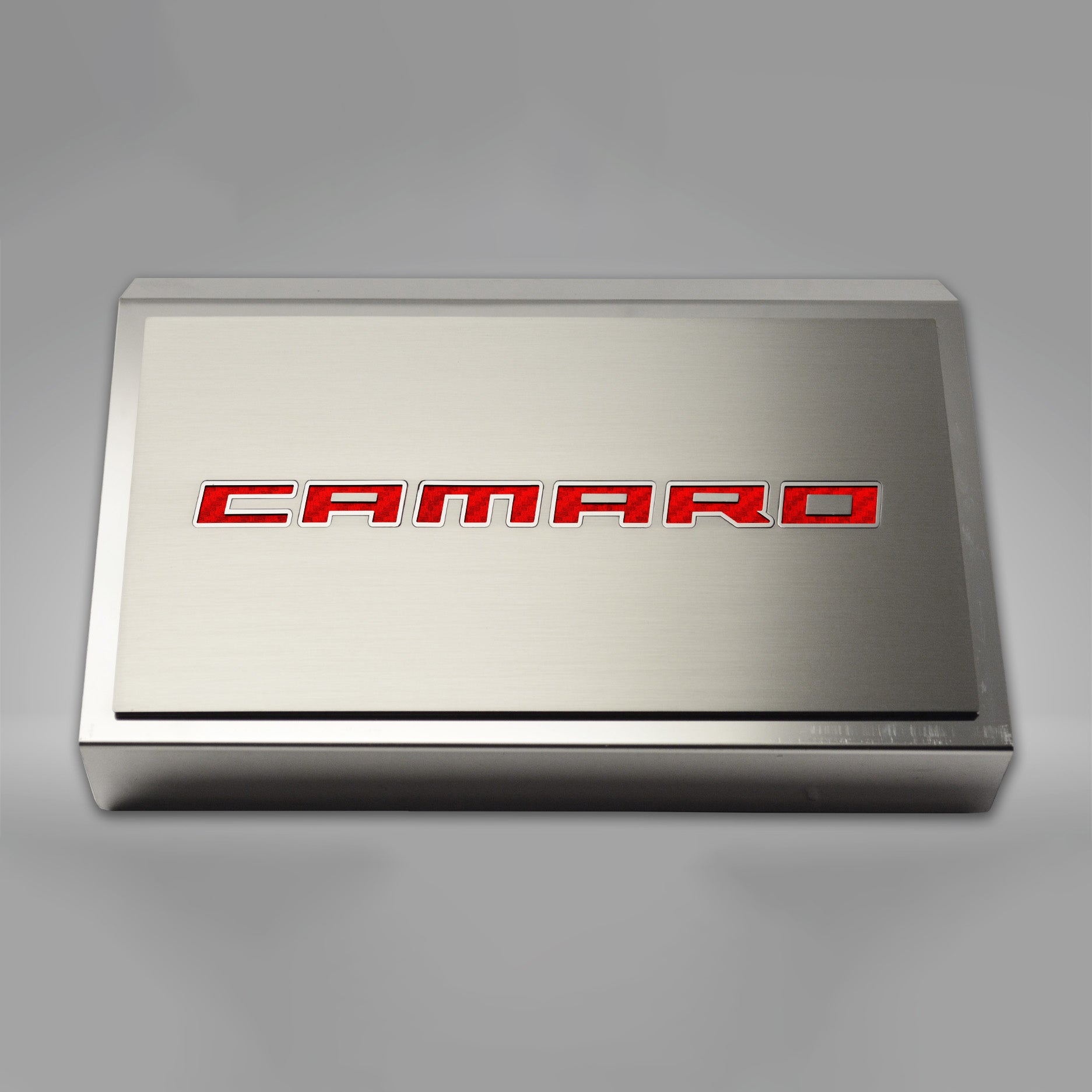 Dark Gray 2016-2021 Camaro - Fuse Box Cover Polished w/Brushed CAMARO Top Plate