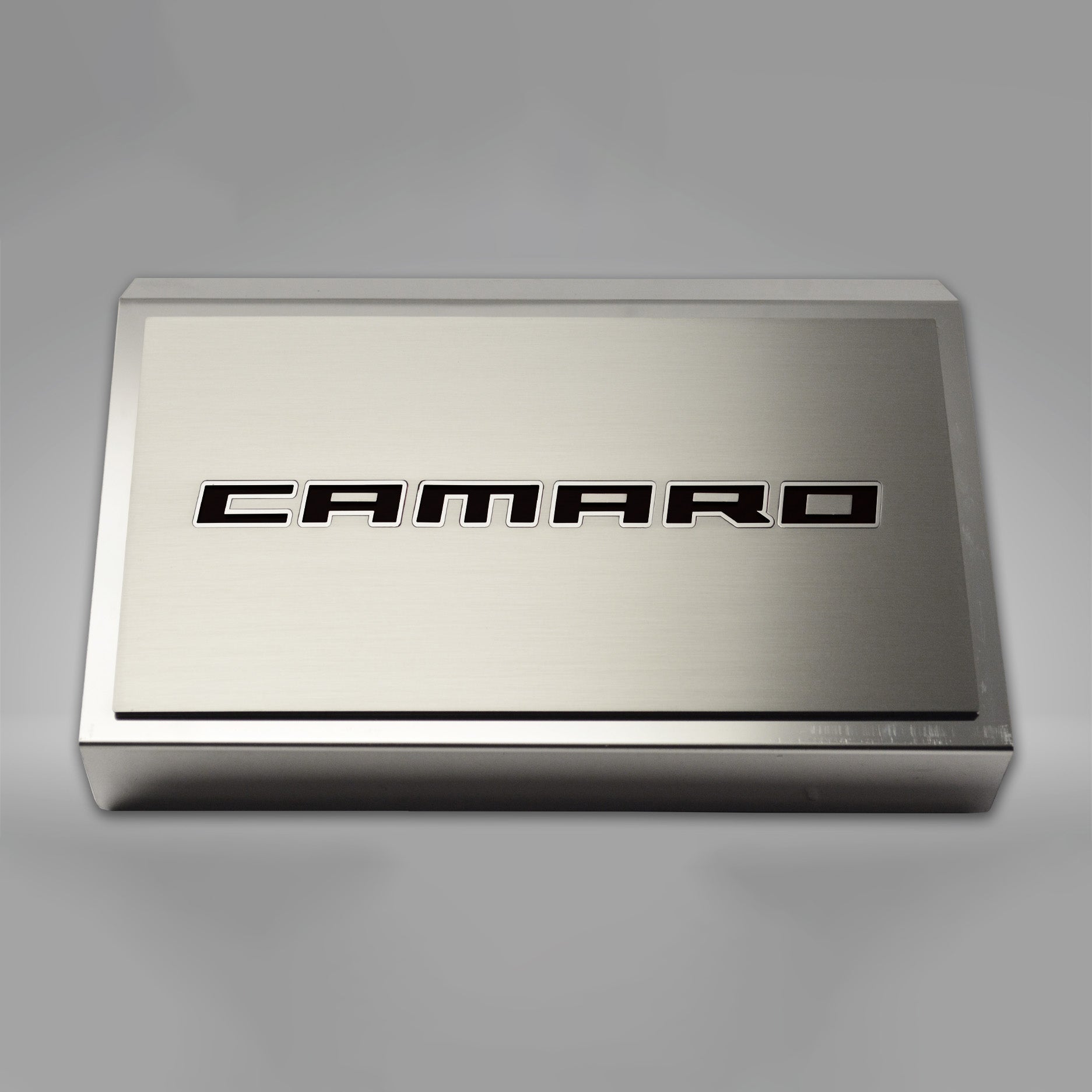 Dark Gray 2016-2021 Camaro - Fuse Box Cover Polished w/Brushed CAMARO Top Plate