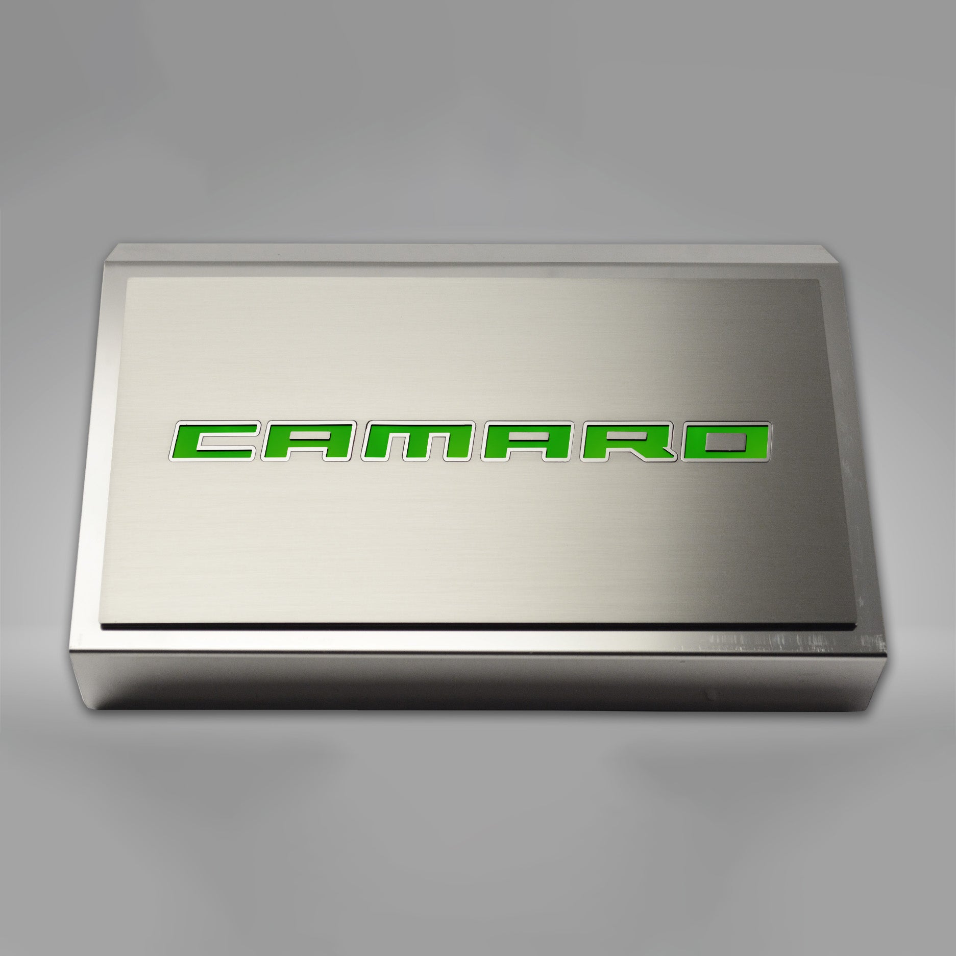 Dark Gray 2016-2021 Camaro - Fuse Box Cover Polished w/Brushed CAMARO Top Plate