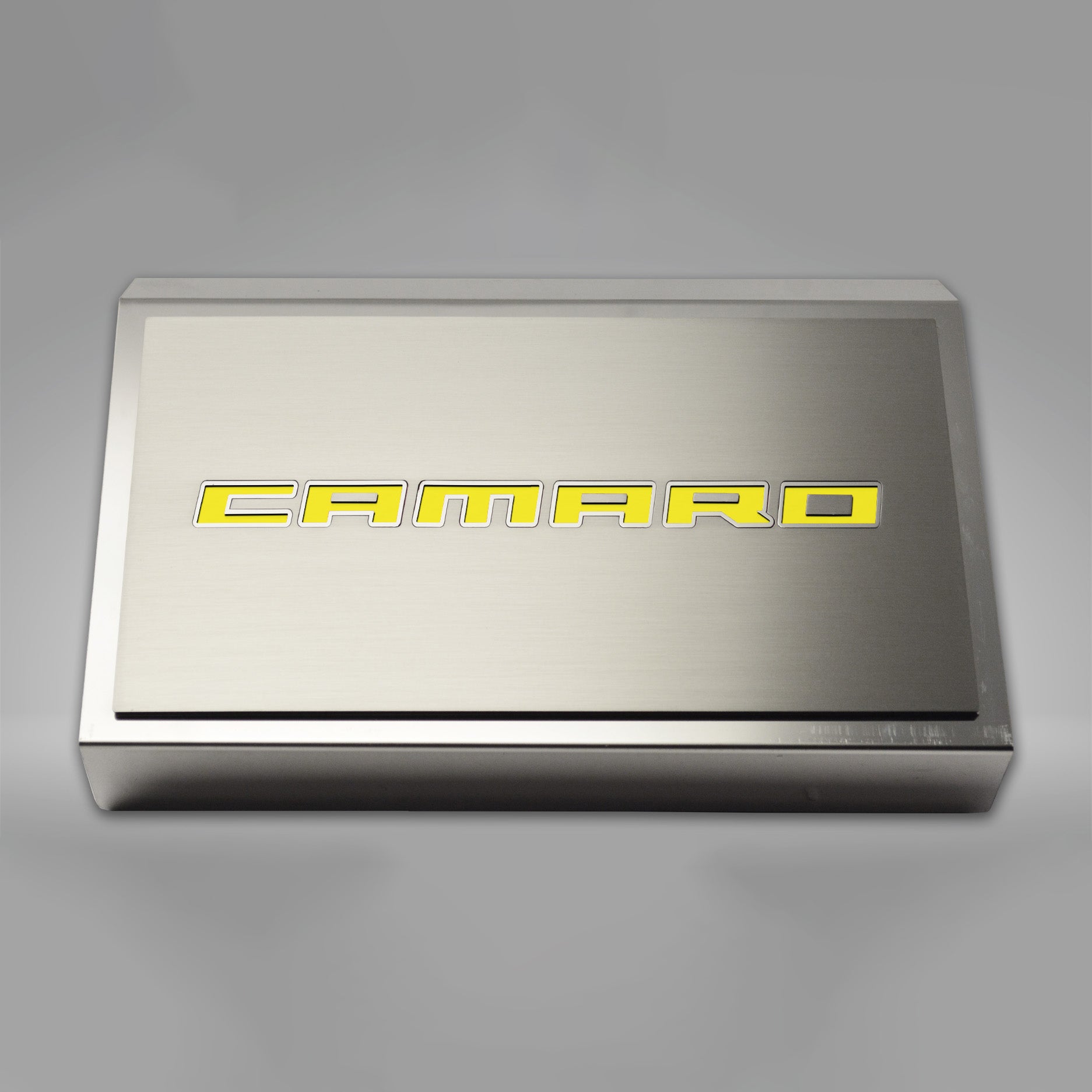 Dark Gray 2016-2021 Camaro - Fuse Box Cover Polished w/Brushed CAMARO Top Plate
