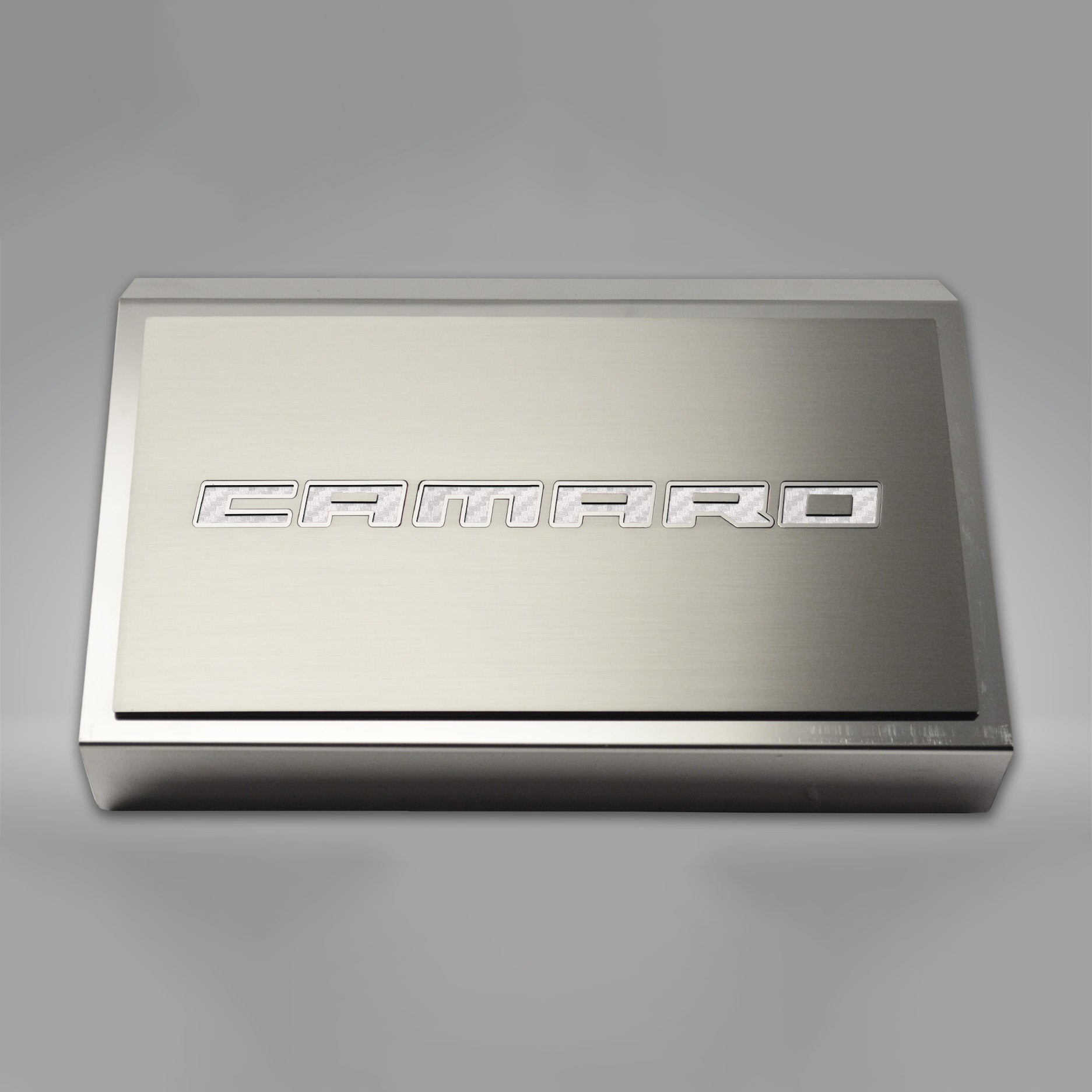 Dark Gray 2016-2021 Camaro - Fuse Box Cover Polished w/Brushed CAMARO Top Plate