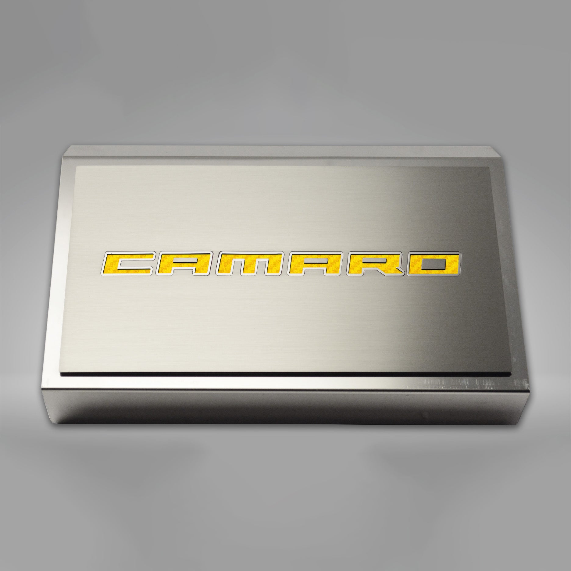 Dark Gray 2016-2021 Camaro - Fuse Box Cover Polished w/Brushed CAMARO Top Plate