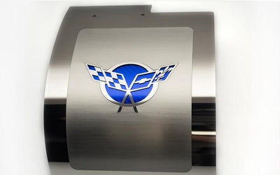 Dark Slate Gray 1997-2004 C5 Corvette - Deluxe Alternator Cover w/Crossed Flags Carbon Fiber Vinyl Inlay - Polished and Brushed Finish