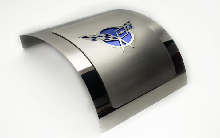 1997-2004 C5 Corvette - Deluxe Alternator Cover w/Crossed Flags Carbon Fiber Vinyl Inlay - Polished and Brushed Finish