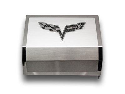 2005-2013 C6 Corvette - Deluxe Fuse Box Cover w/Crossed Flags Emblem - Stainless Steel