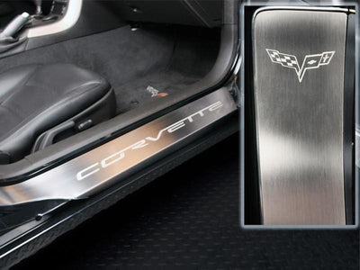 2005-2013 C6 -'Corvette' Laser Etched Full Length Outer Door Sills 2Pc | Stainless Steel