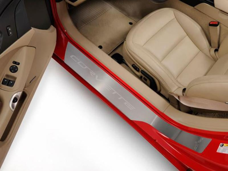 Rosy Brown 2005-2013 C6 -'Corvette' Laser Etched Full Length Outer Door Sills 2Pc | Stainless Steel