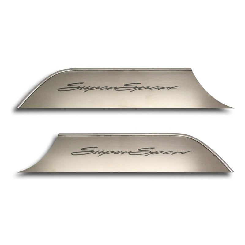 Dark Gray 2010-2015 Camaro SS - Door Panel Kick Plates 'Super Sport' Script Style 2Pc - Brushed Stainless Steel