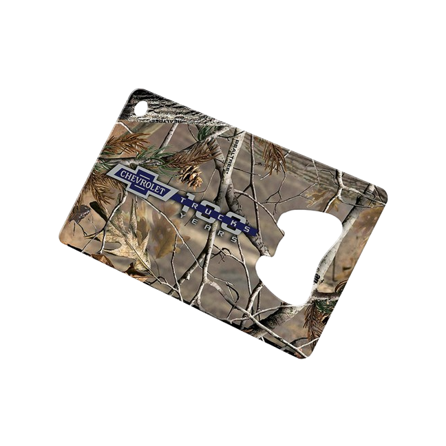 Camouflage bottle opener with Chevrolet Trucks logo on a white background