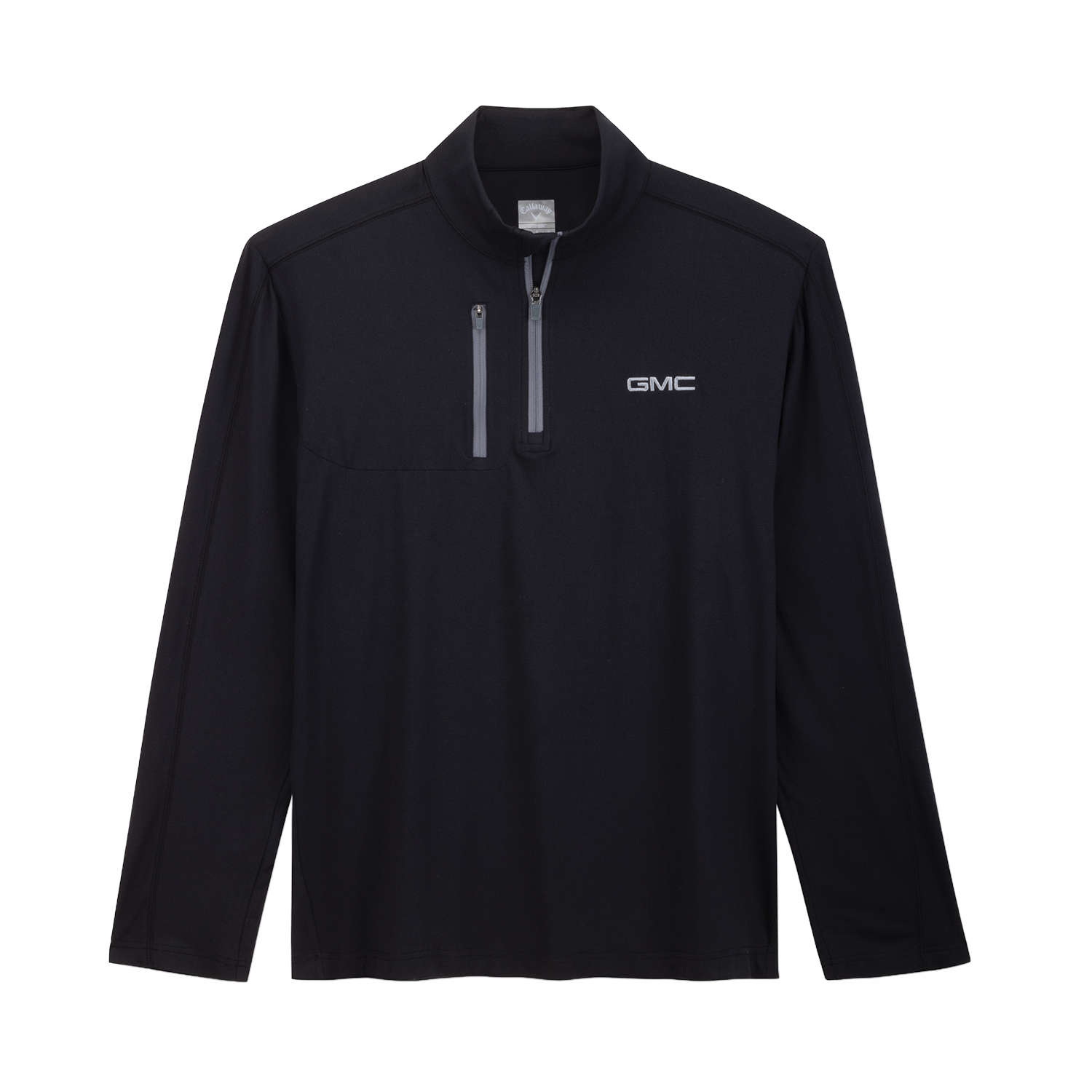 Black long-sleeve shirt with a zipper and GMC logo on a white background
