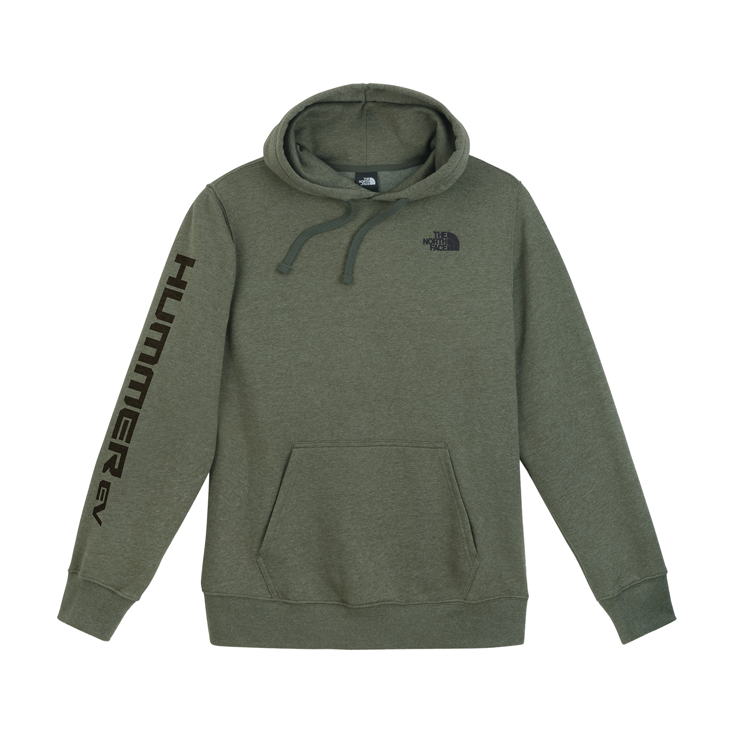 Green hoodie with branding on a white background