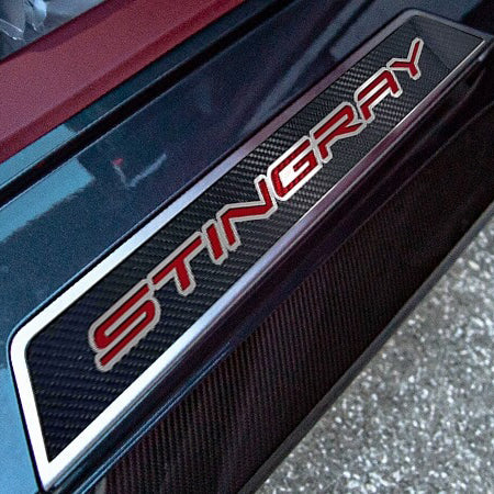 Dark Slate Gray 2020-2024 C8 Corvette - Replacement Door Sills Carbon Fiber with Brushed Stainless Steel 'Stingray' Style Insert Carbon Fiber