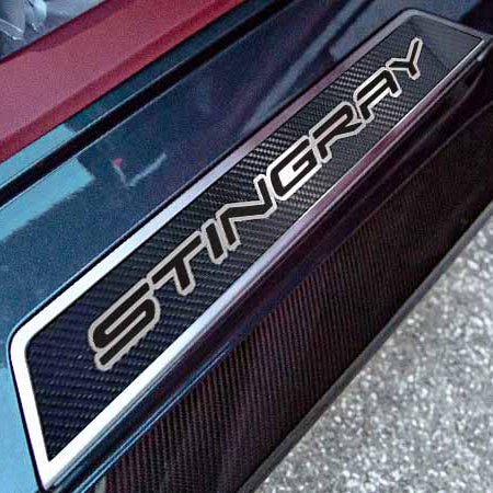 Dark Slate Gray 2020-2024 C8 Corvette - Replacement Door Sills Carbon Fiber with Brushed Stainless Steel 'Stingray' Style Insert Carbon Fiber