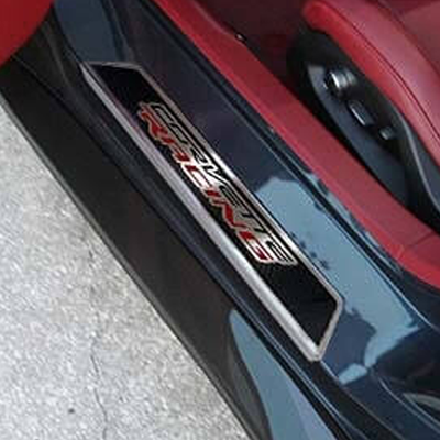 Dark Slate Gray 2020-2024 C8 Corvette Coupe - Replacement Doorsills Carbon Fiber w/Brushed Stainless Steel 'Corvette Racing' Style Insert - Carbon Fiber/Stainless