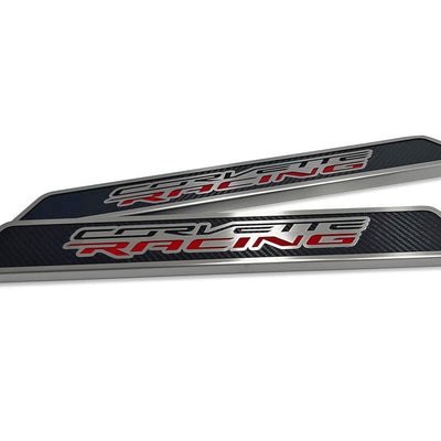 Dim Gray 2020-2024 C8 Corvette Coupe - Replacement Doorsills Carbon Fiber w/Brushed Stainless Steel 'Corvette Racing' Style Insert - Carbon Fiber/Stainless
