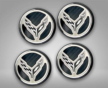2020-2024 C8 Corvette Coupe - Cap Cover Set 4pc Carbon Fiber Inserts with Stainless Crossed Flags Logo - Polished/Brushed Finish