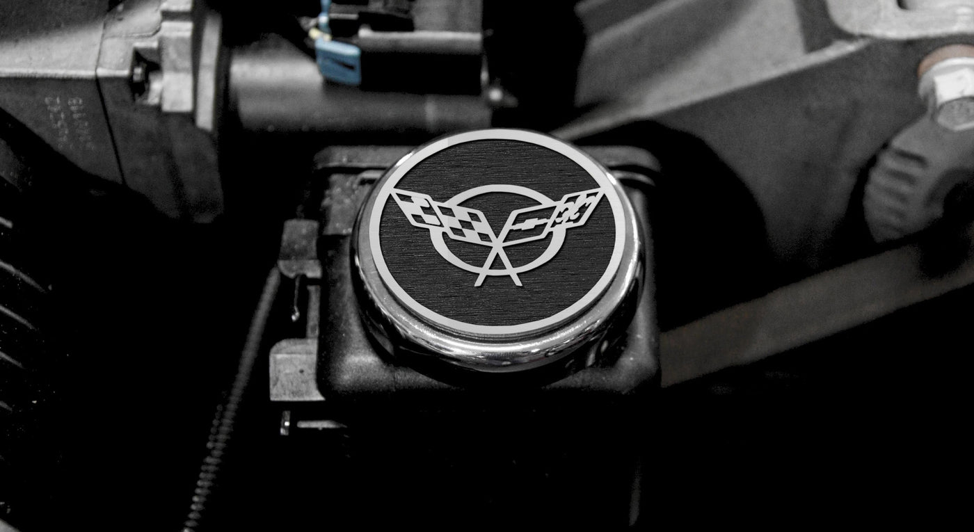Dark Gray 1997-2004 C5 & Z06 Corvette - Crossed Flags Logo Fluid Cap Covers 5Pc Auto Transmission
