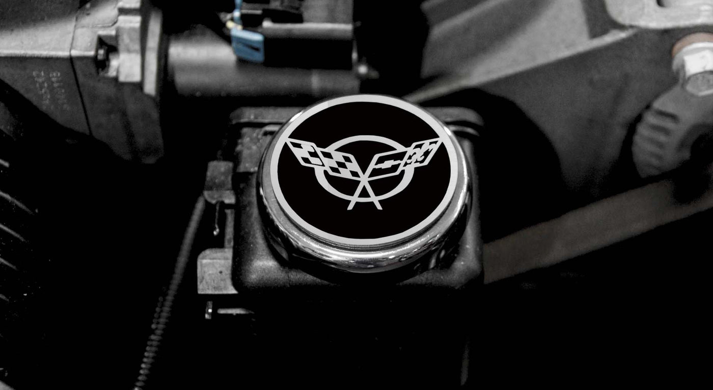 Dark Gray 1997-2004 C5 & Z06 Corvette - Crossed Flags Logo Fluid Cap Covers 5Pc Auto Transmission
