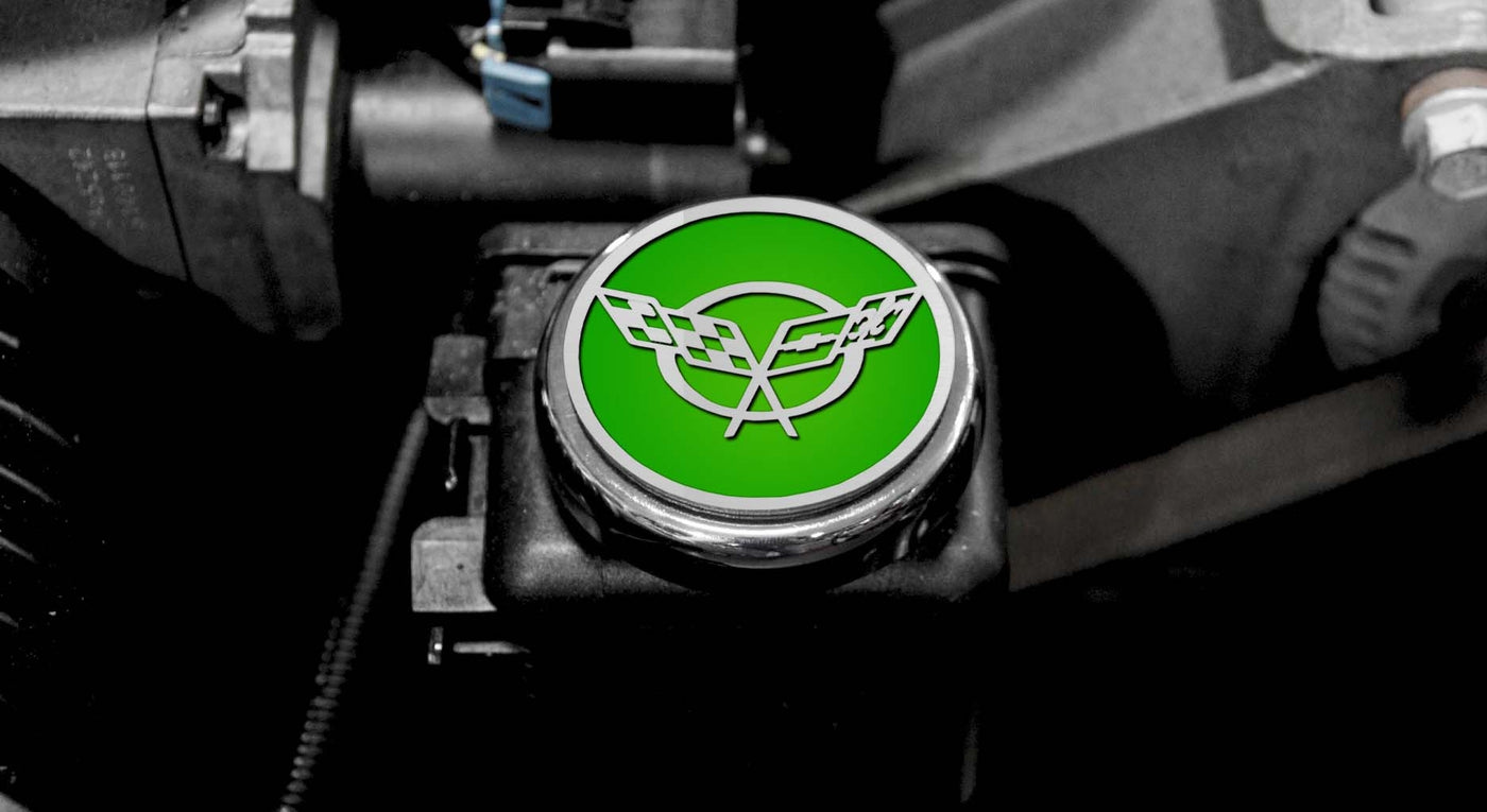 Dark Gray 1997-2004 C5 & Z06 Corvette - Crossed Flags Logo Fluid Cap Covers 5Pc Auto Transmission