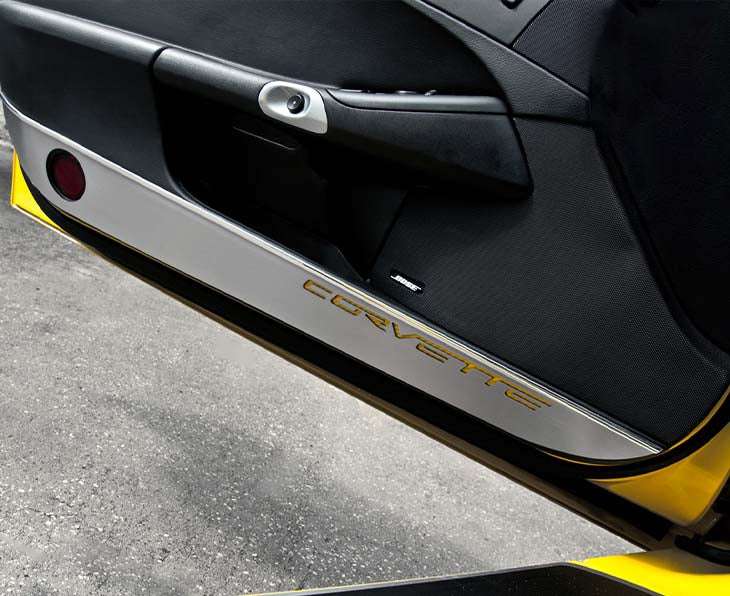 Gray 2010-2013 C6 Corvette - Door Guards with Grand Sport Inlay 2Pc - Brushed Stainless
