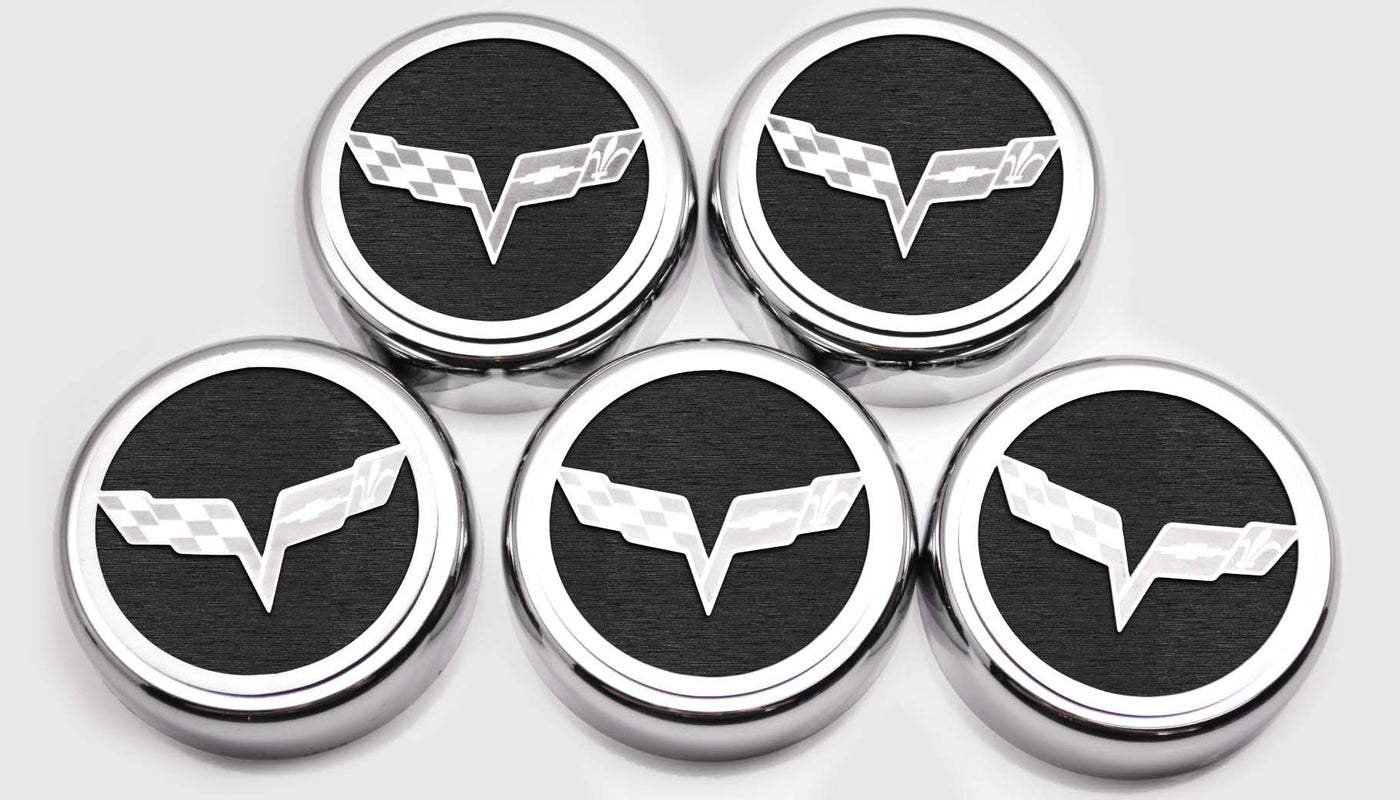 Light Gray 2005-2013 C6 Corvette - Crossed Flags Logo Fluid Cap Covers 5Pc Auto Transmission