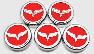 Firebrick 2005-2013 C6 Corvette - Crossed Flags Logo Fluid Cap Covers 5Pc Auto Transmission