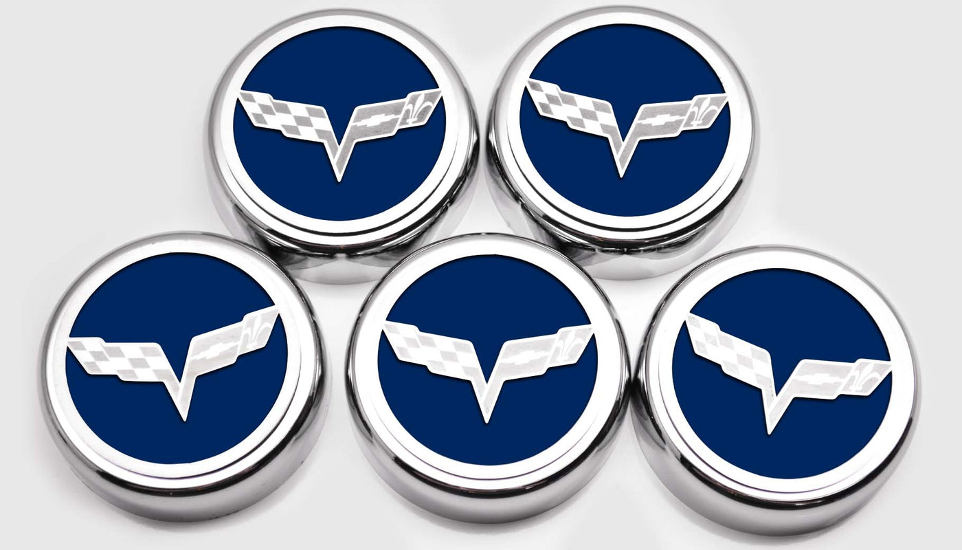 2005-2013 C6 Corvette - Crossed Flags Logo Fluid Cap Covers 5Pc Auto Transmission