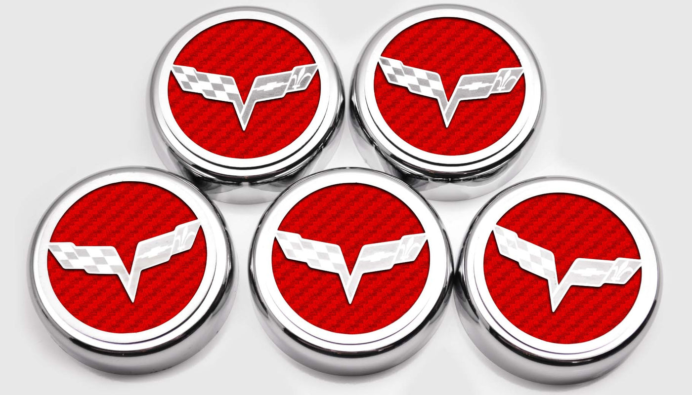 Firebrick 2005-2013 C6 Corvette - Crossed Flags Logo Fluid Cap Covers 5Pc Auto Transmission