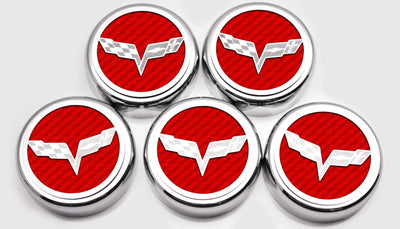 Firebrick 2005-2013 C6 Corvette - Crossed Flags Logo Fluid Cap Covers 5Pc Auto Transmission