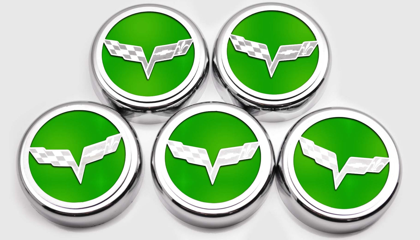 2005-2013 C6 Corvette - Crossed Flags Logo Fluid Cap Covers 5Pc Auto Transmission