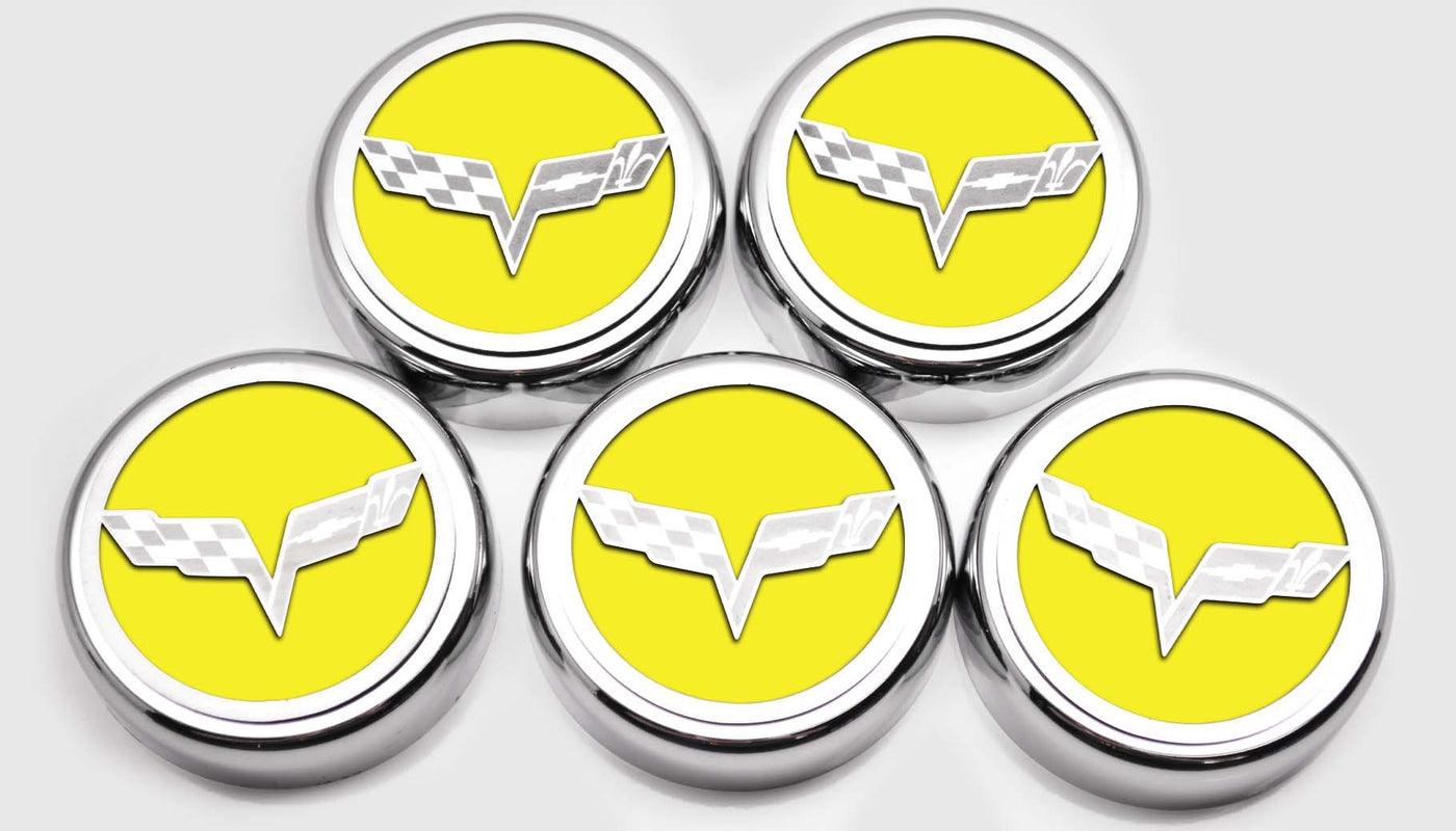 Lavender 2005-2013 C6 Corvette - Crossed Flags Logo Fluid Cap Covers 5Pc Auto Transmission