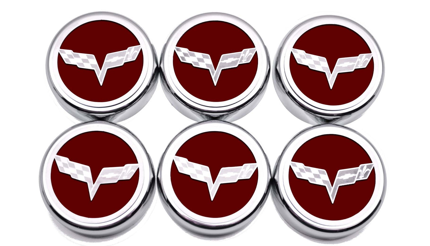 Dark Red 2005-2013 C6 Corvette - Crossed Flag Fluid Cap Covers 6Pc Manual Transmission