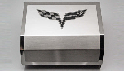 2005-2013 C6 Corvette - Deluxe Fuse Box Cover w/Crossed Flags Emblem - Stainless Steel