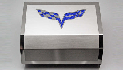 2005-2013 C6 Corvette - Deluxe Fuse Box Cover w/Crossed Flags Emblem - Stainless Steel