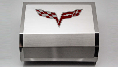 2005-2013 C6 Corvette - Deluxe Fuse Box Cover w/Crossed Flags Emblem - Stainless Steel