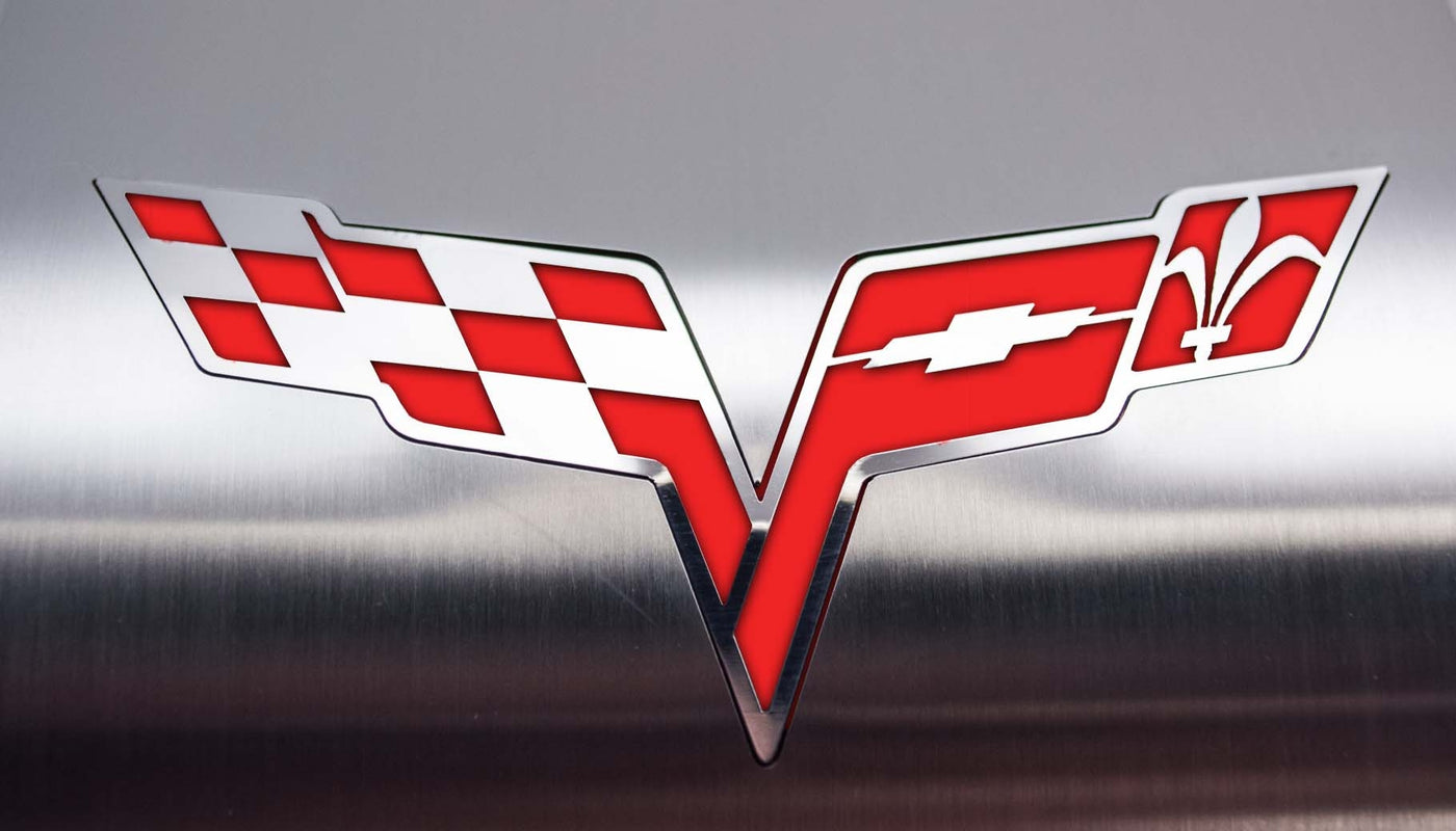 2005-2013 C6 Corvette - Deluxe Alternator Cover w/Crossed Flags Emblem - Stainless Steel