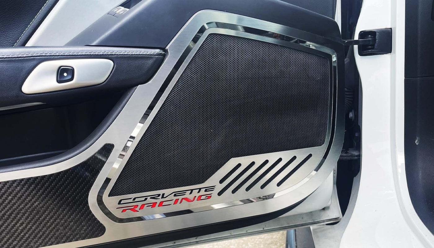 2014-2019 C7 Corvette Stingray - Car Door Speaker Trim Rings CORVETTE RACING Style - Stainless Steel
