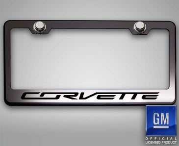 Corvette C7 Stingray - License Plate Frame CORVETTE Lettering - Black Base w/Brushed Top Plate