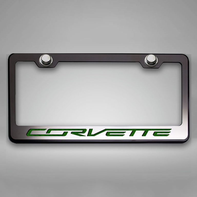 Dark Gray Corvette C7 Stingray - License Plate Frame CORVETTE Lettering - Black Base w/Brushed Top Plate