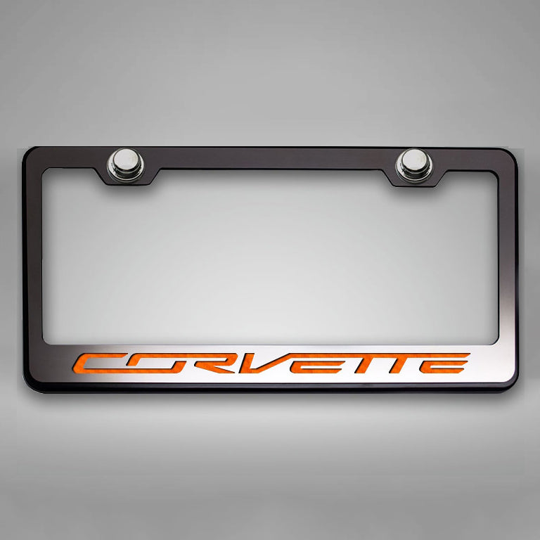 Dark Gray Corvette C7 Stingray - License Plate Frame CORVETTE Lettering - Black Base w/Brushed Top Plate