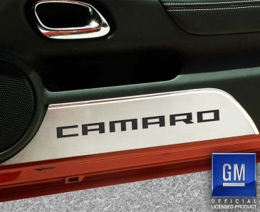 2010-2015 Camaro - Door Panel Kick Plates 'CAMARO' 2Pc - Brushed Stainless