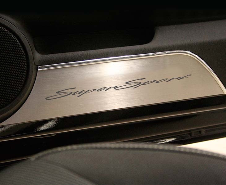 Black 2010-2015 Camaro SS - Door Panel Kick Plates 'Super Sport' Script Style 2Pc - Brushed Stainless Steel